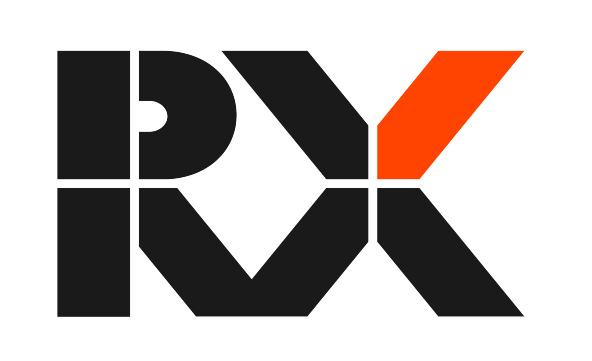 RX Global events vinyl logo with black and orange colors on a black background.
