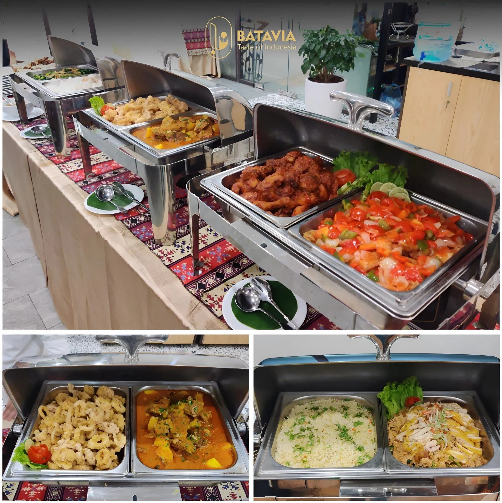 Buffet table with various Indonesian dishes in stainless steel chafing dishes, including fried chicken, vegetable stir-fry, rice, and other traditional foods, decorated with green leafy garnishes and colorful vegetables.