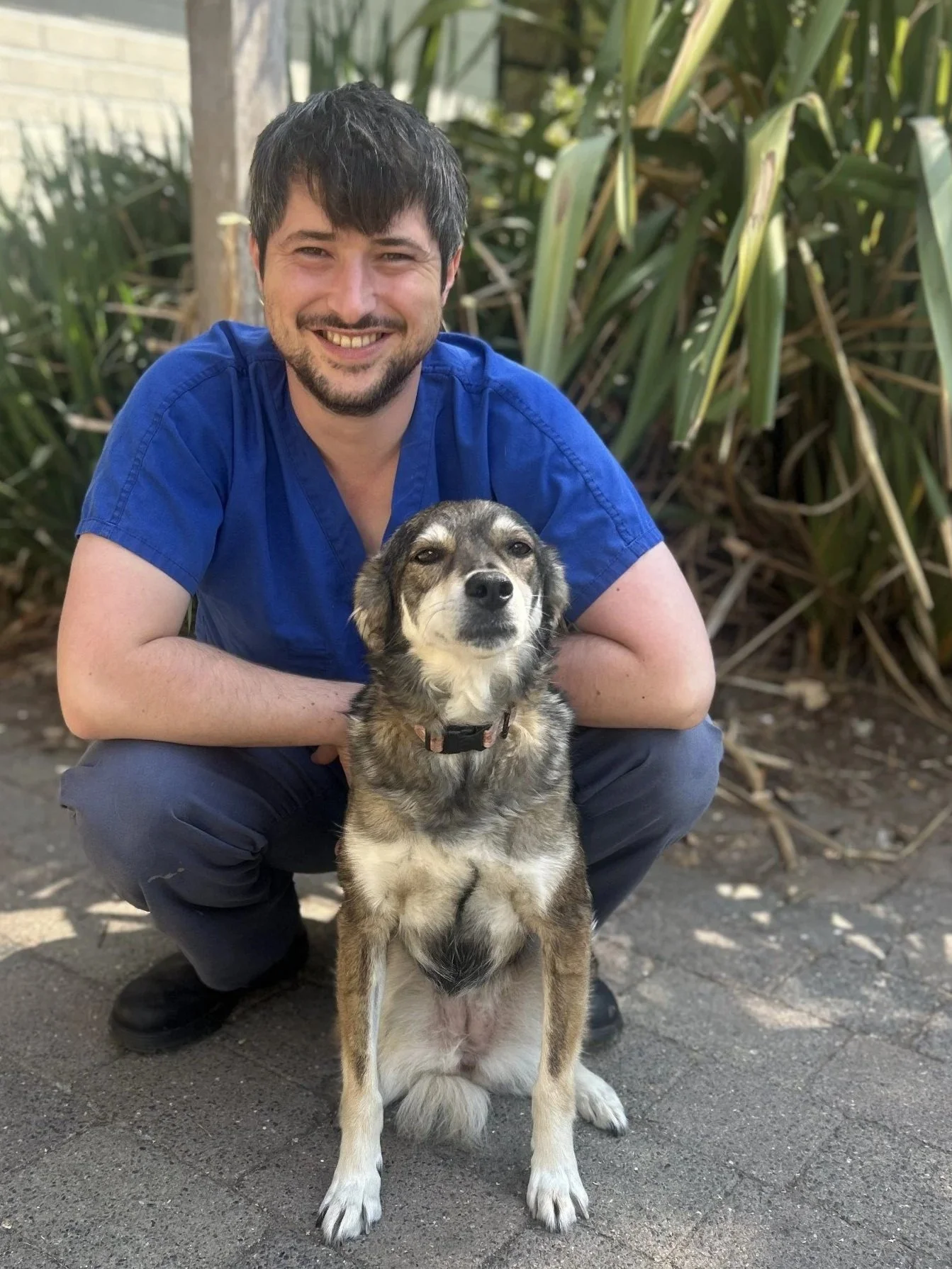 A man with dark hair, a beard, and a blue shirt smiling and squatting outdoors next to a mixed-breed dog with gray and tan fur. There are green plants in the background.