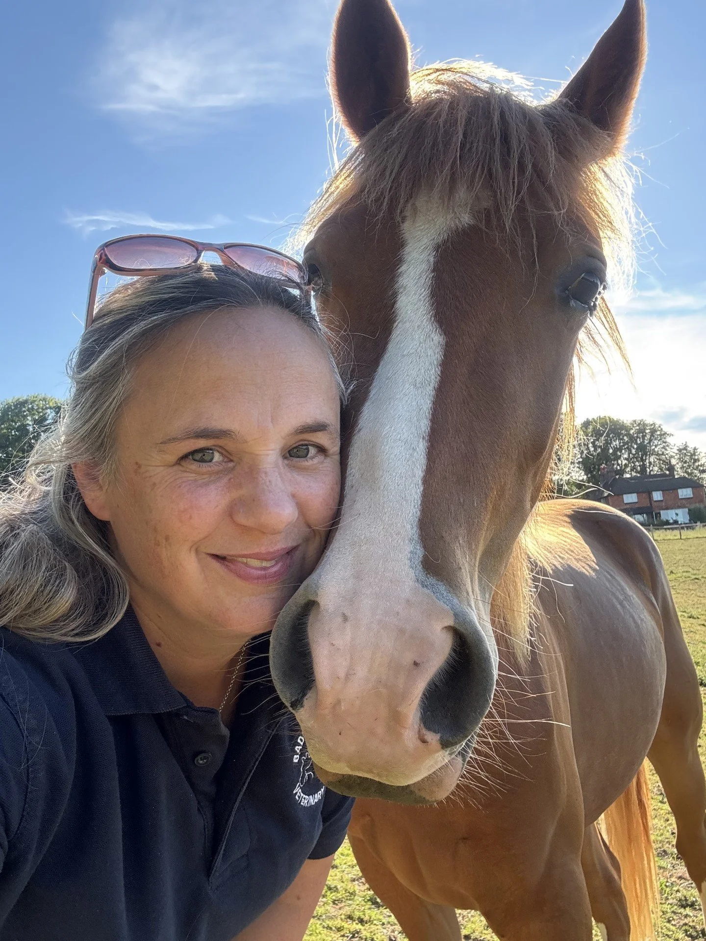 A woman with blond hair and sunglasses on her head smiling next to a light brown horse with a white stripe on its face in a grassy field with houses and trees in the background during sunset or sunrise.