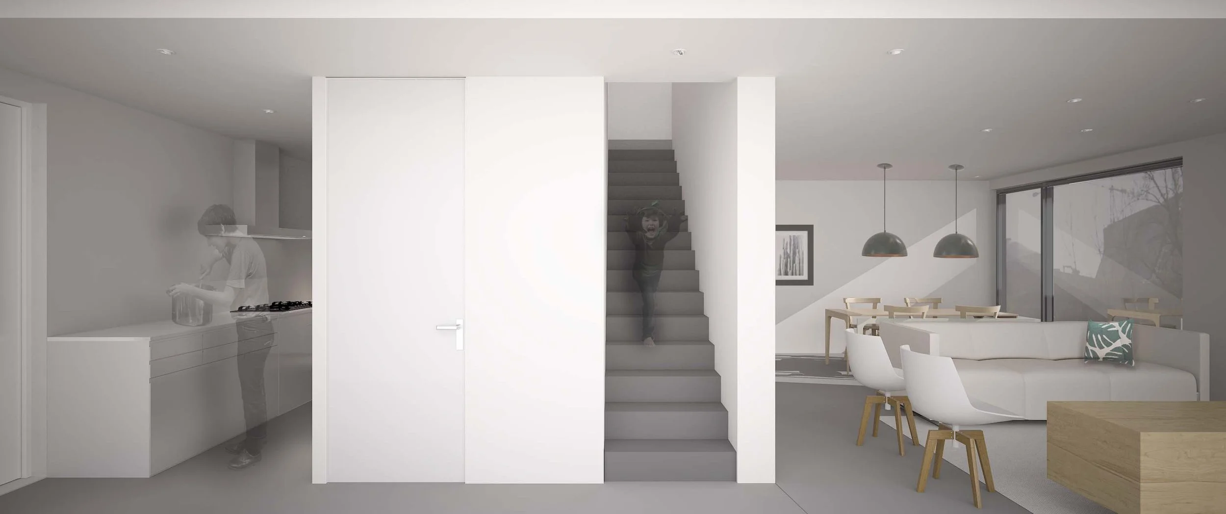 Imagen de una sala de estar moderna con comedor y una cocina en el fondo. En el centro, un niño pequeño descalzo está bajando por las escaleras.