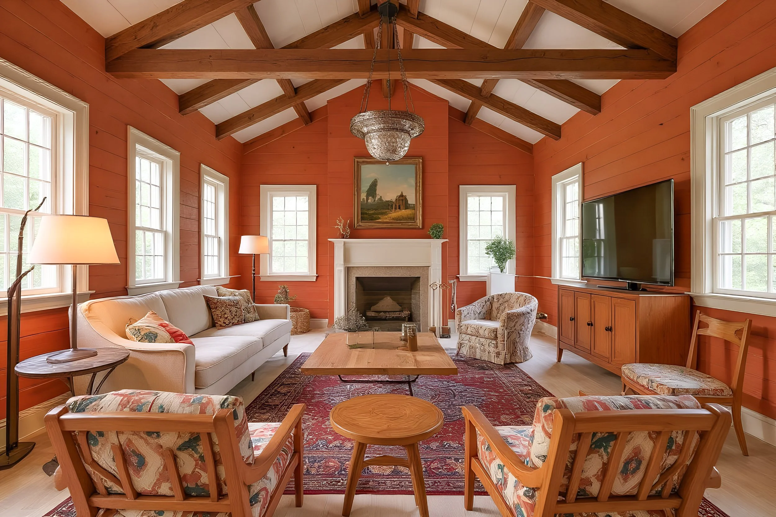 Living room with red wooden walls, large windows, a white sofa with patterned pillows, a patterned armchair, wooden coffee tables, a fireplace with a landscape painting above it, a chandelier, and a large flat-screen TV.