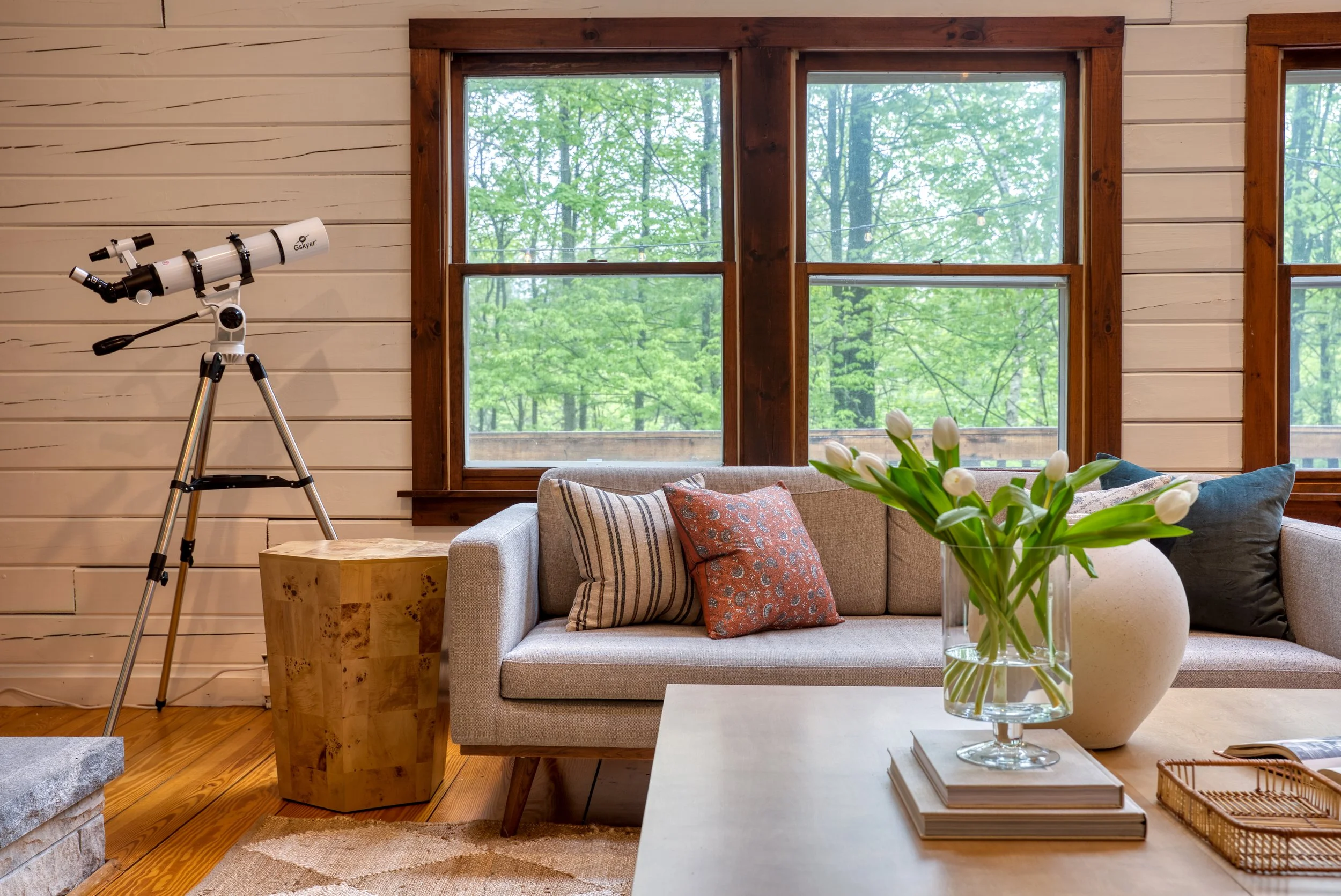 Living room with a gray sofa, decorative pillows, a wooden side table, a telescope, a vase with white tulips, and large windows showing a green outdoor scene.