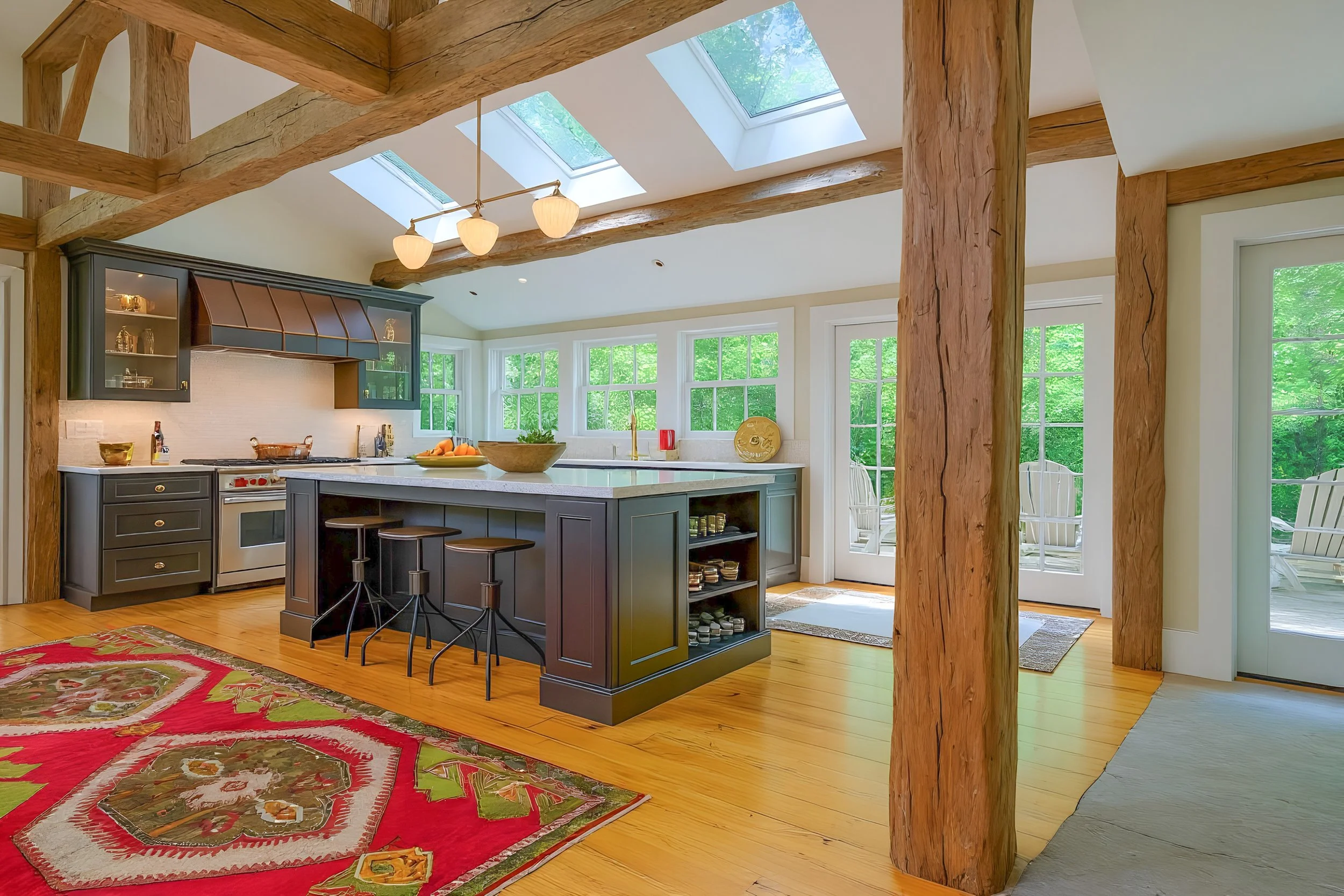Bright kitchen with dark cabinetry, island with stools, large windows, skylights, wooden beams, hardwood floors, and a red patterned rug.