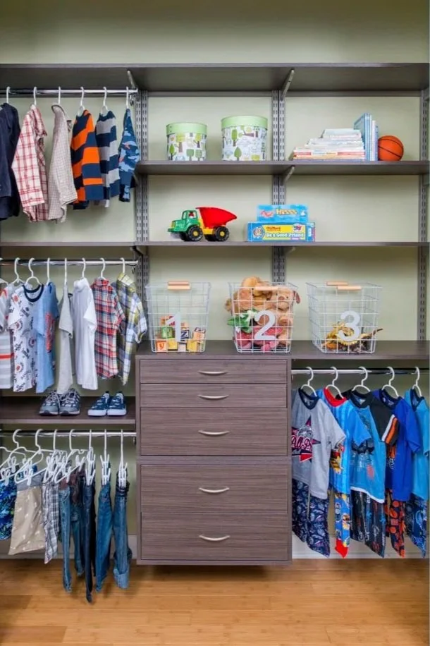 Organized children's closet with drawers, shelves, and hanging racks so clothes and toys all have a place