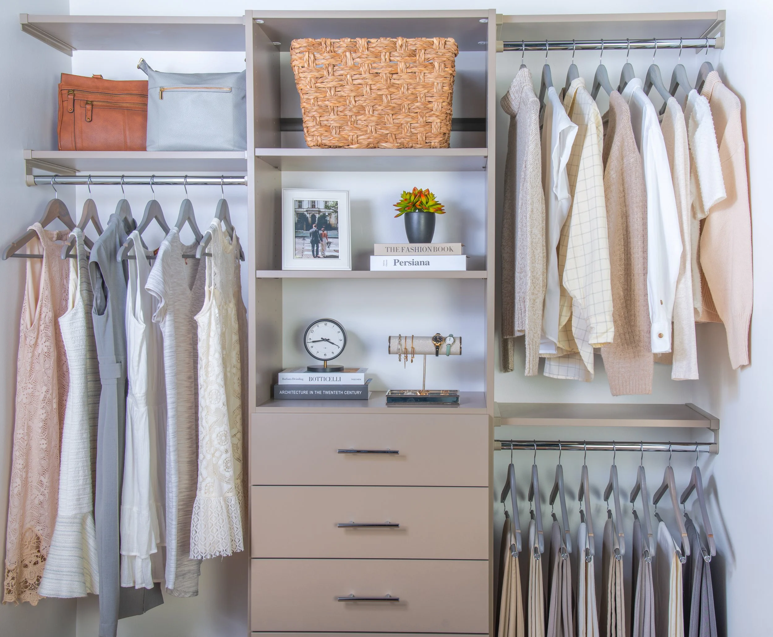 Closet storage tower with drawers and shelves