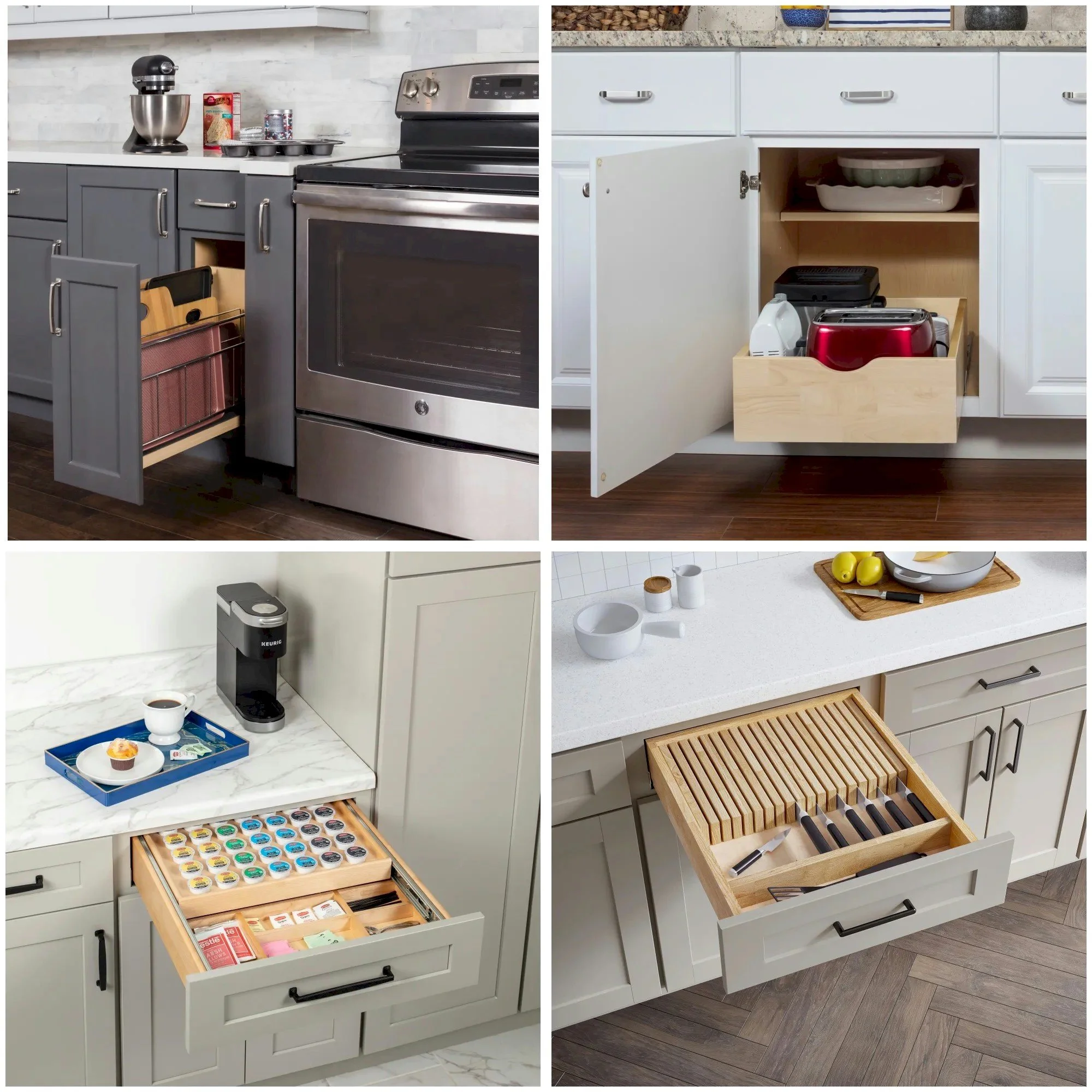 Four images of kitchen storage and organization: Top-left shows a kitchen cabinet with a pull-out tray holding a basket and kitchen tools. Top-right depicts a lower kitchen cabinet with an open drawer containing kitchen appliances and utensils. Bottom-left displays a kitchen drawer filled with coffee pods, tea bags, and utensils, with a coffee machine on the counter. Bottom-right features an open knife drawer in a kitchen island with various knives and knife blocks.