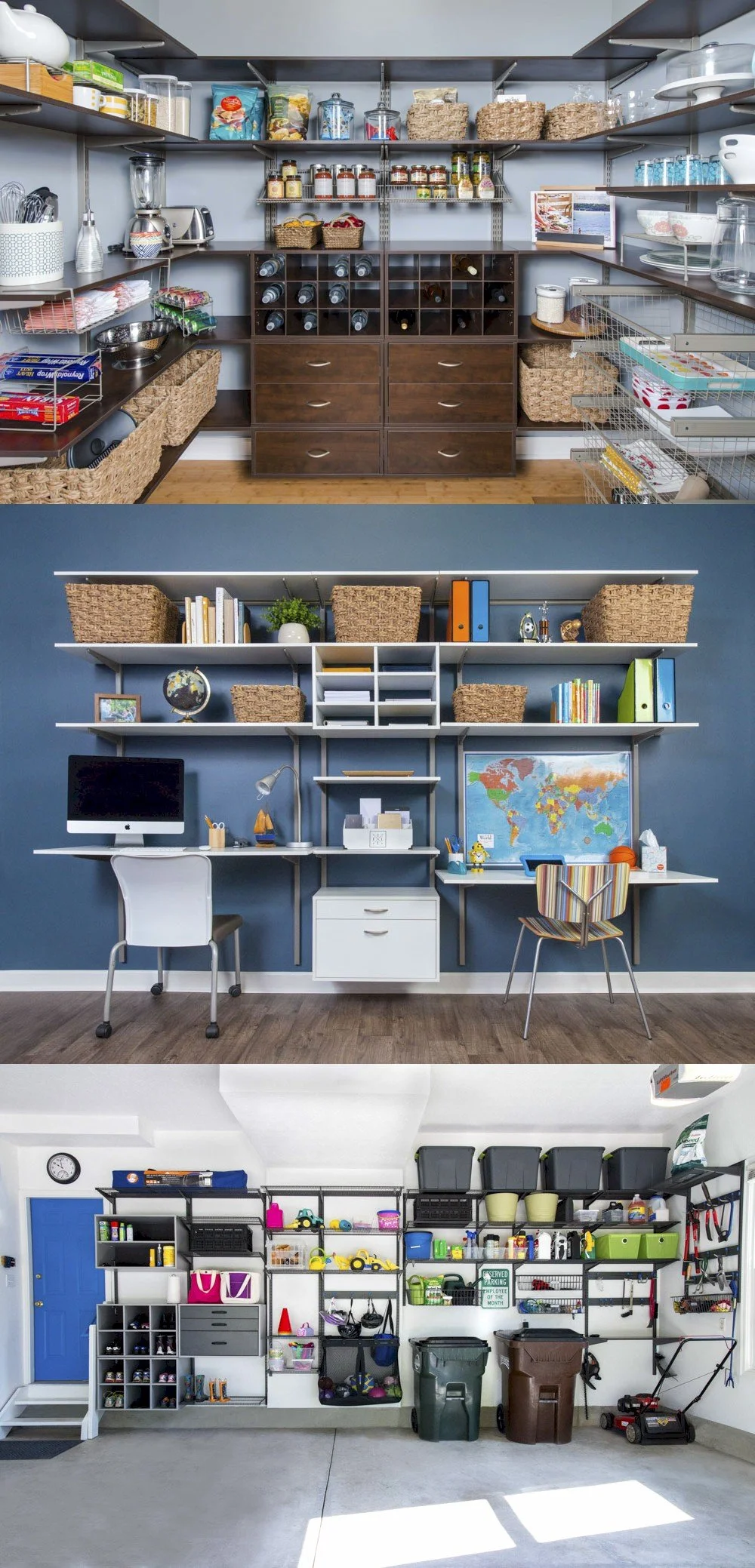 Organization in any room - 3 stacked photos showing a pantry, office for 2 people, and a garage
