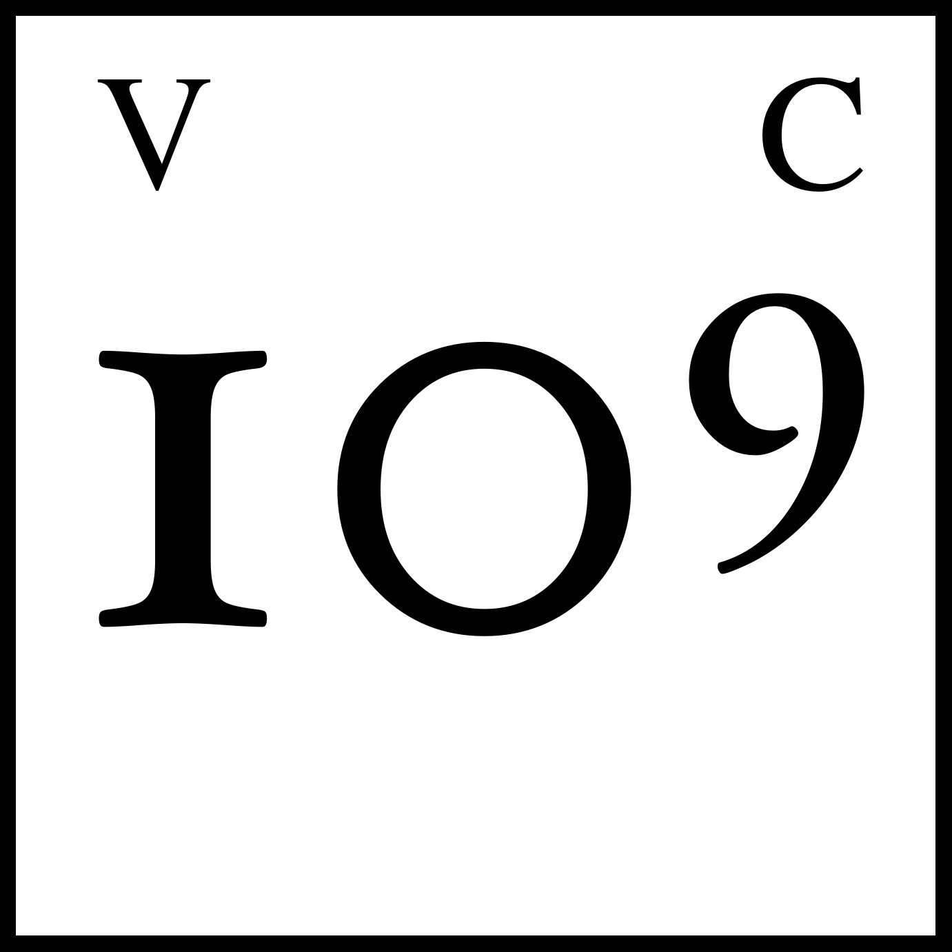 Black and white graphic featuring the text "VCO 109" in a large font, with the characters arranged with "V" at the top left, "C" at the top right, "I" at the bottom left, and "09" at the bottom right.