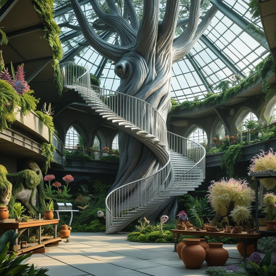 The Sylvanspire Tree is the heart of the modern cathedral style greenhouse, with a massive, spiraling silver trunk that goes through the roof. A spiral staircase spirals up the trunk leading to it's flat rooftop. T.jpg