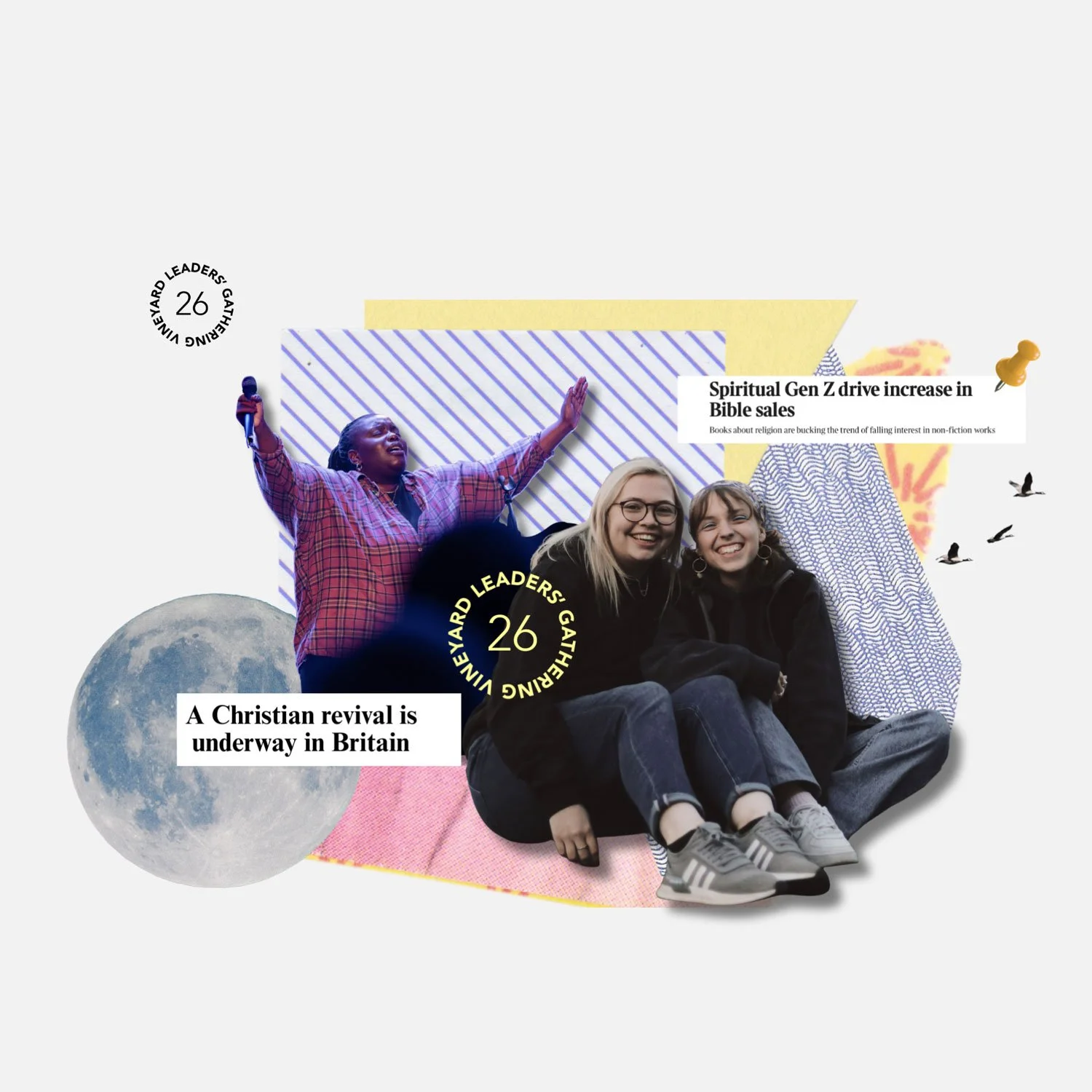 Group of three young women smiling and sitting together, with a background of colorful shapes, a moon, and quotes about religious and Christian revival in Britain.