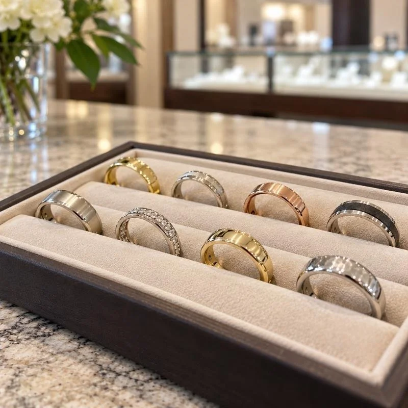 Selection of wedding bands in display box