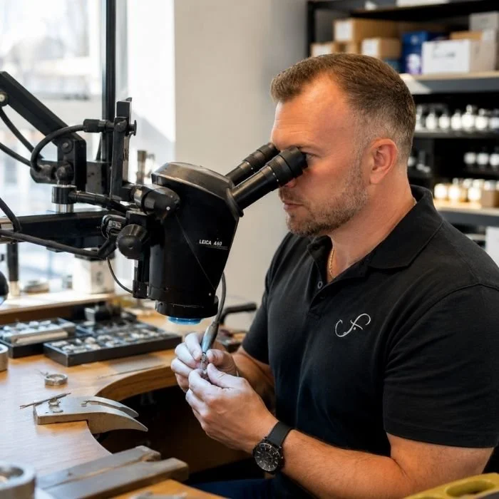 Scott Shipley using a microscope while working on a custom jewelry piece at Shipley’s Fine Jewelry