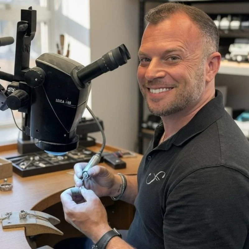 Scott working on jewelry at Shipley's Fine Jewelry in Fleming Island, FL, where customers can have custom jewelry designed and created.