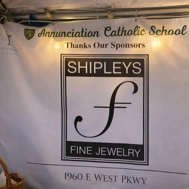 Banner from Annunciation Catholic School thanking sponsors, featuring Shipley's Fine Jewelry at 1960 E West Pkwy.
