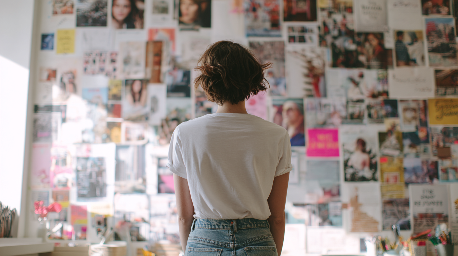 Woman looking at wall with creative projects on it.