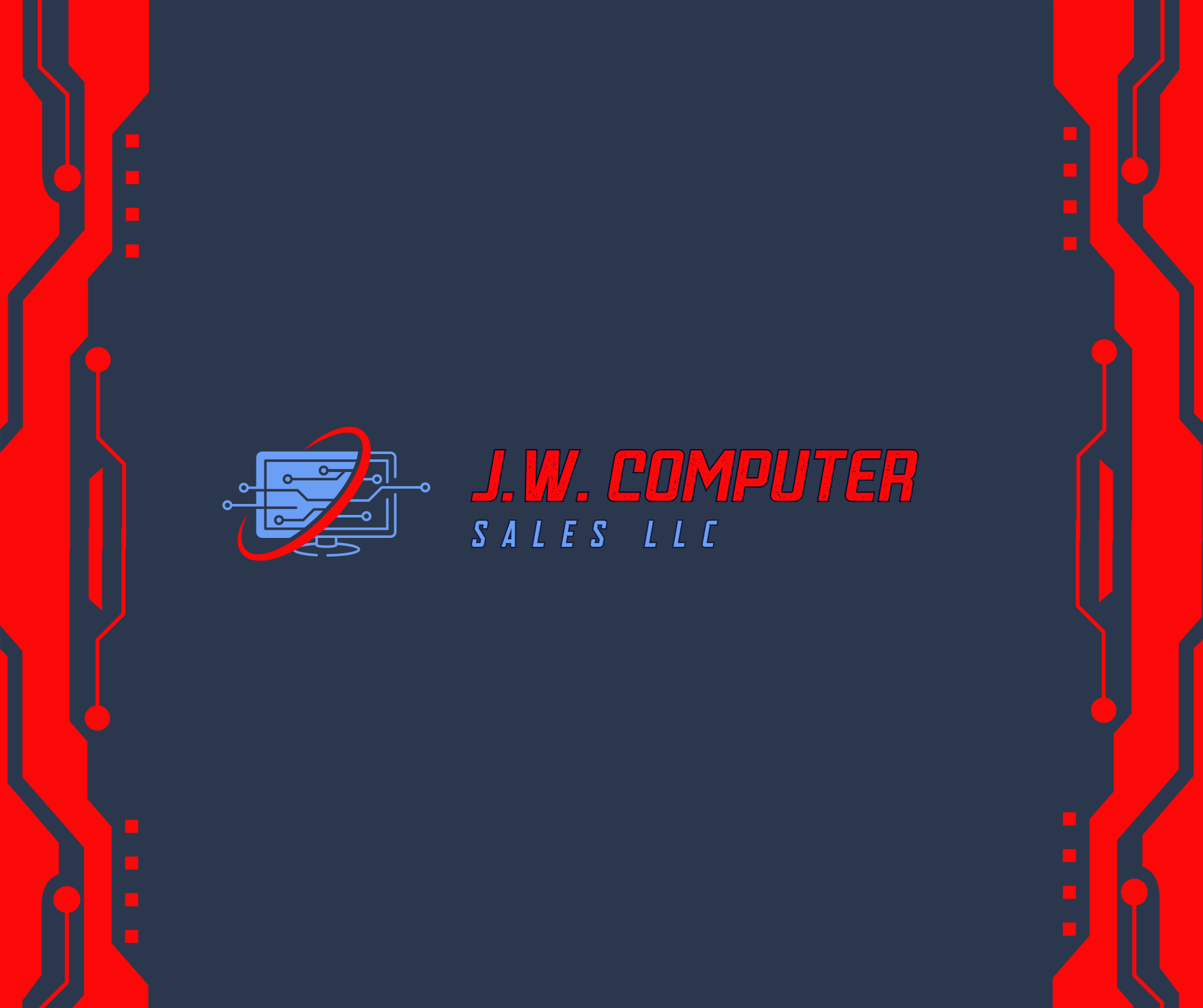 Business logo for J.W. Computer Sales LLC with a dark background, red and blue circuit board design, and a stylized computer graphic.