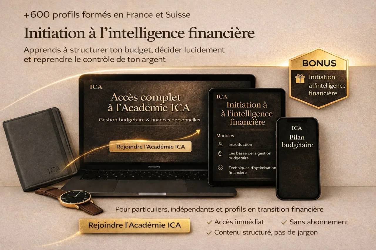 Une affiche promotionnelle pour une initiation à l'intelligence financière, présentant une formation à structurer un budget, à décider lucidement et à reprendre le contrôle de son argent, avec des modules d'introduction, de gestion et d'optimisation financières, et offrant un accès complet à l'Académie ICA avec un bonus pour l'initiation à l'intelligence financière.