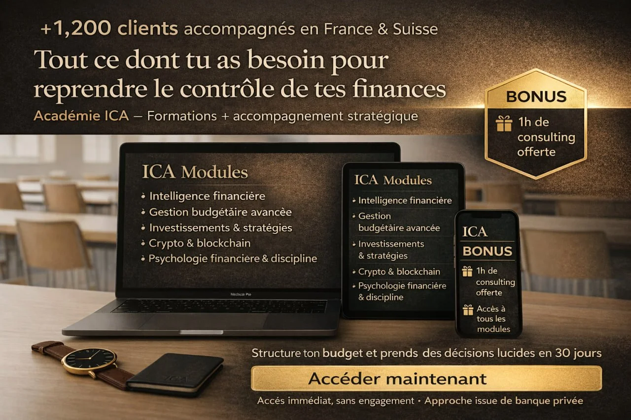 Une publicité pour des formations en finance et gestion de patrimoine, avec des modules en IA, une offre de consultation gratuite d'une heure, et un bouton d'appel à l'action "Accéder maintenant".