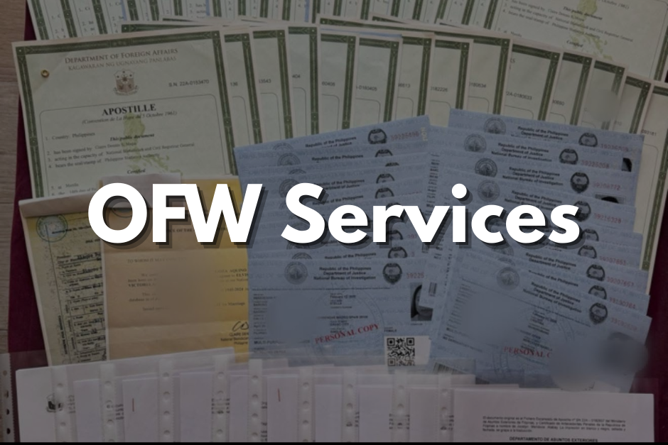 Collection of official documents, including passports, identification cards, and other papers, with 'OFW Services' overlay text.