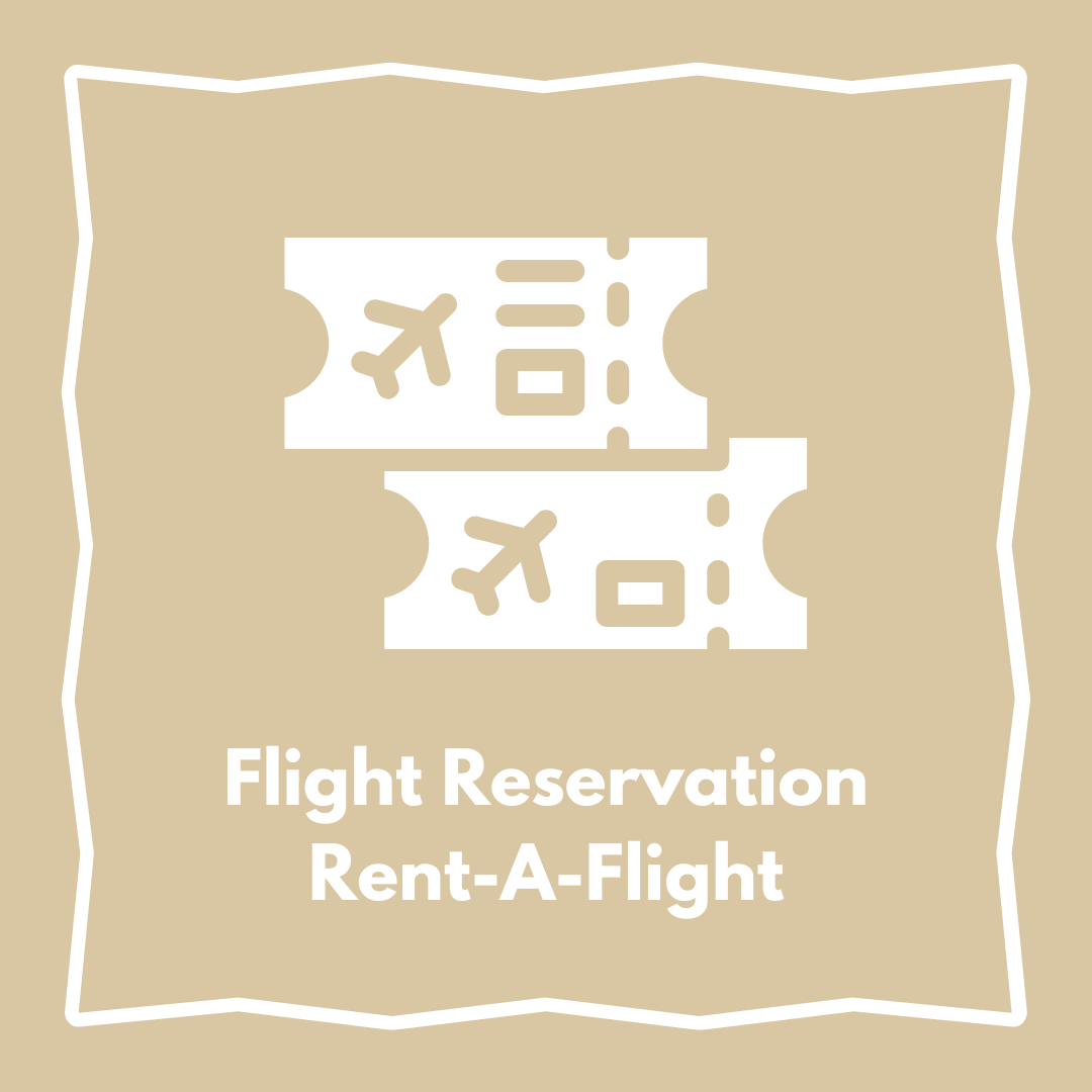 Graphic with two airline tickets and the text "Flight Reservation Rent-A-Flight" on a beige background.