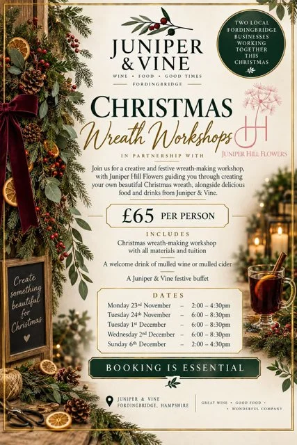 A festive Christmas wreath workshop advertisement by Juniper & Vine with holiday decorations, event details, and prices in a decorative and inviting design.