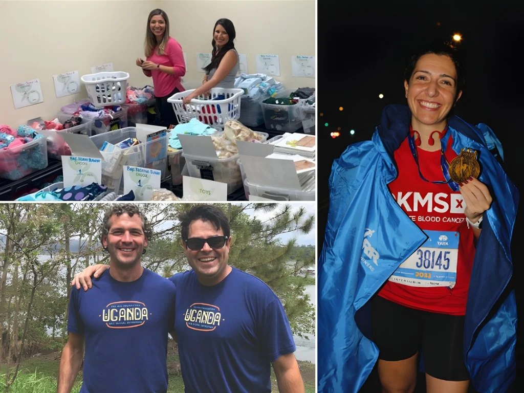 A collage of three photos: top left shows two women smiling at a table full of toys and clothes for donation; bottom left features two men in matching blue Ugandan shirts outdoors, smiling with arms around each other; right side captures a woman after finishing a race, wearing a red shirt, black shorts, blue jacket, and holding her medal, smiling at night.