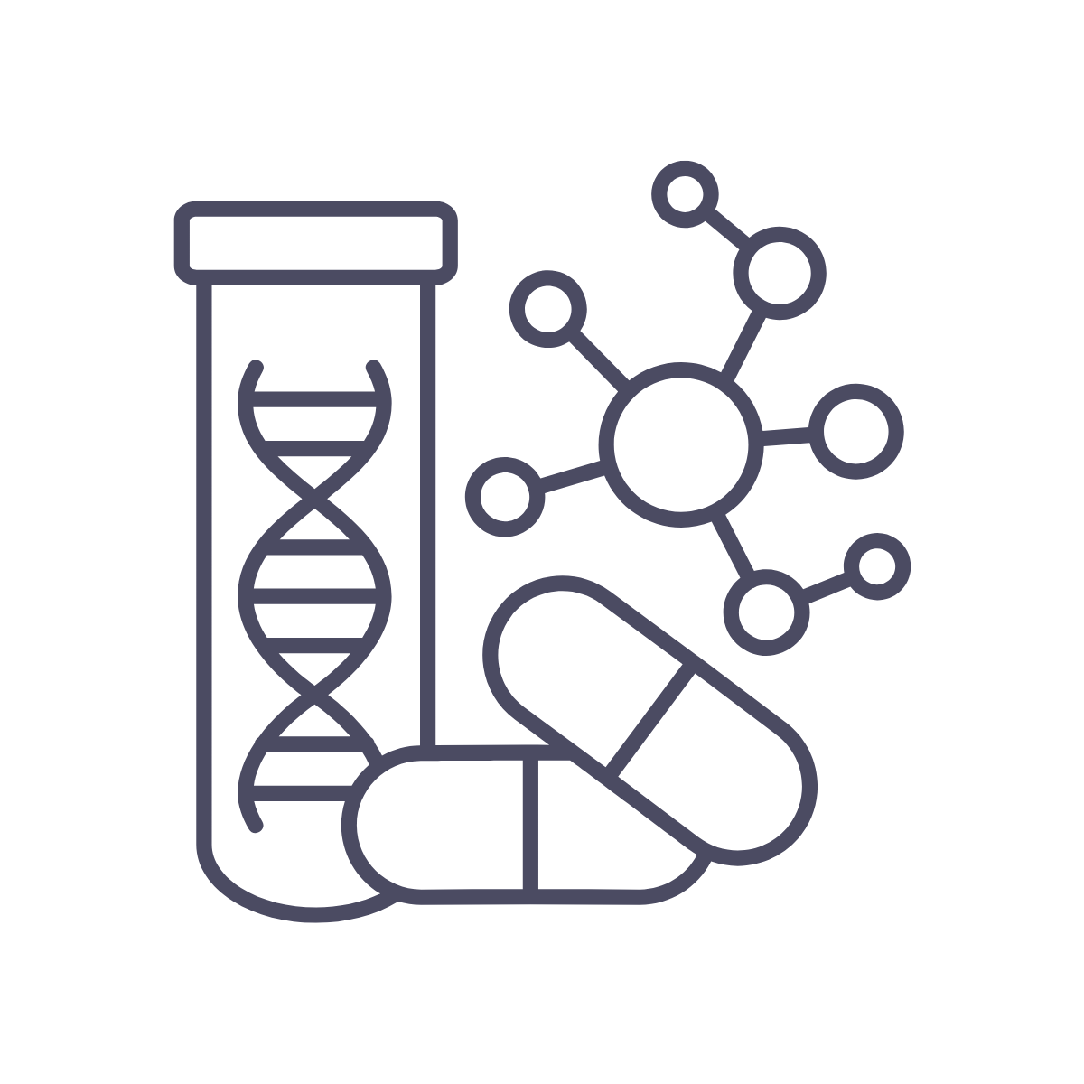 Line drawing of a test tube with DNA strand inside, a molecular structure, and pills.