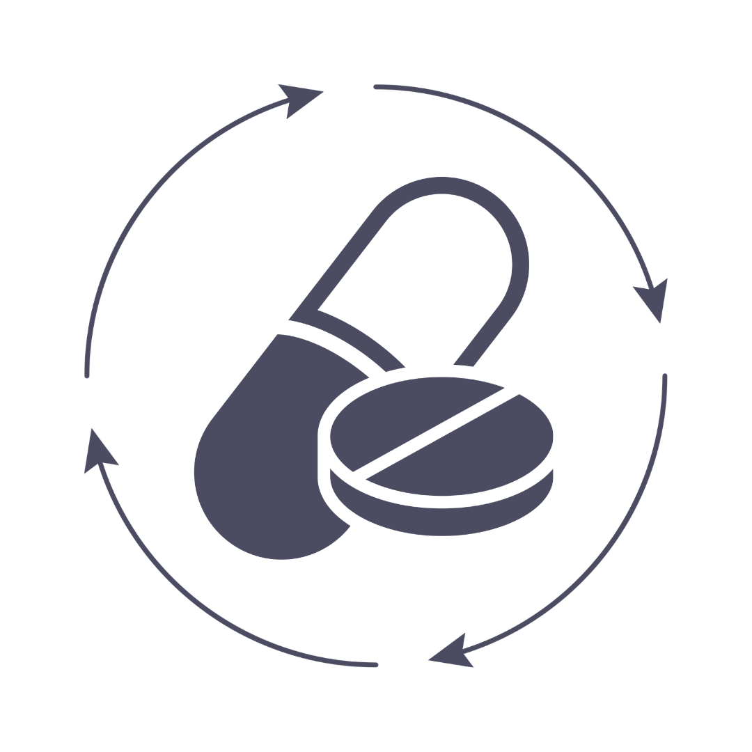 Diagram of a pill and a tablet surrounded by circular arrows indicating medication recycling or reprocessing.