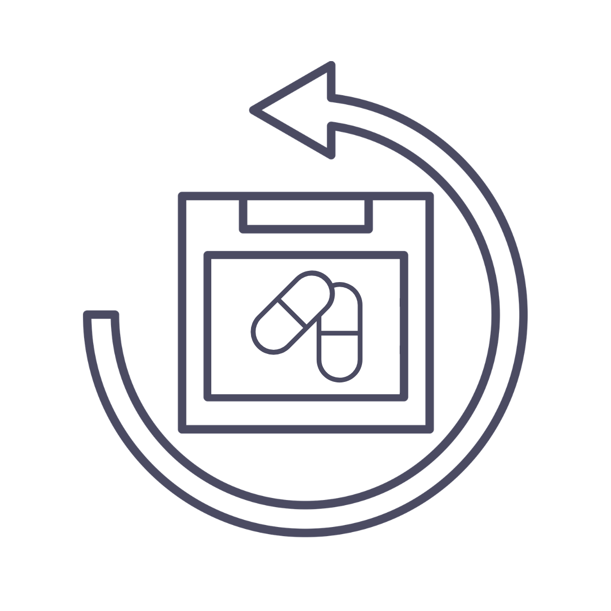 Icon of a medication packet with pills and a curved arrow indicating return or refill.