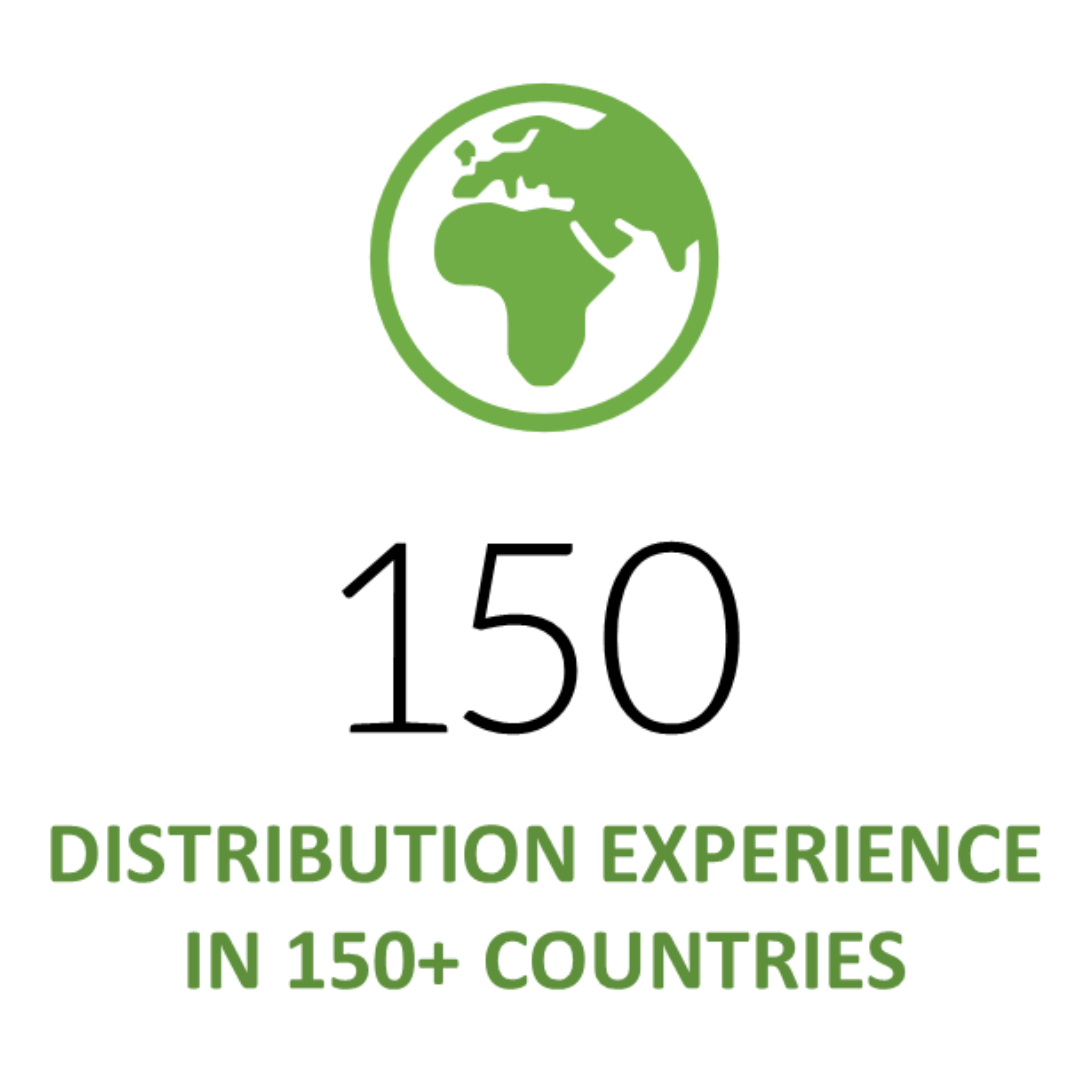 Green globe icon with Africa and Europe visible, above the text "Distribution Experience in 150+ Countries" in green letters.