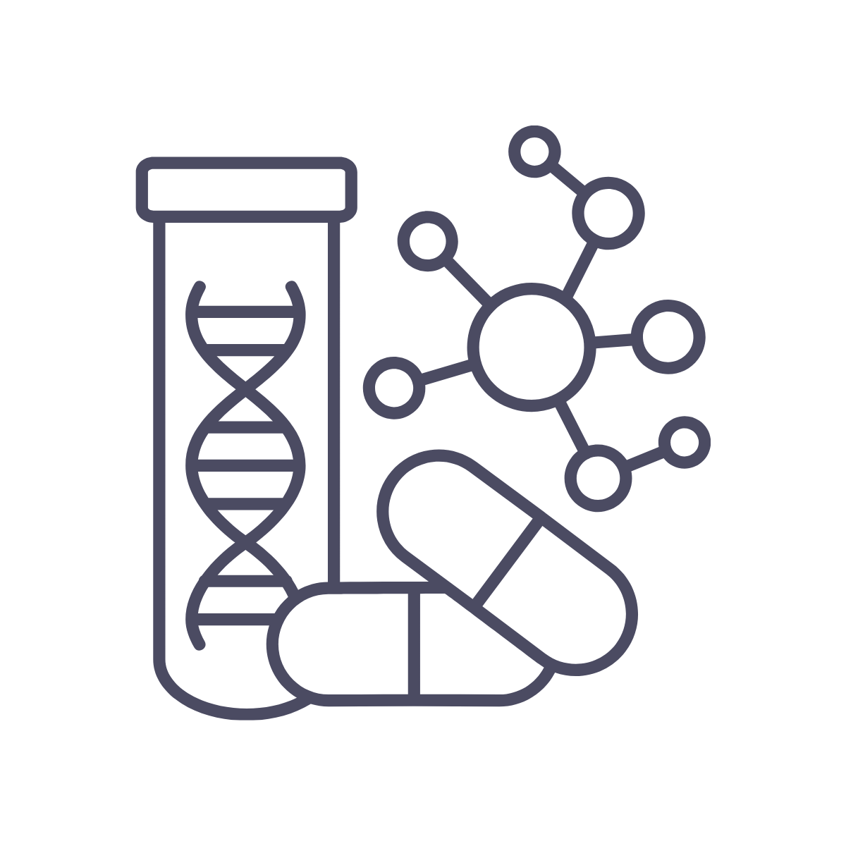 Line drawing of a DNA test tube, molecular structure, and capsule pills.