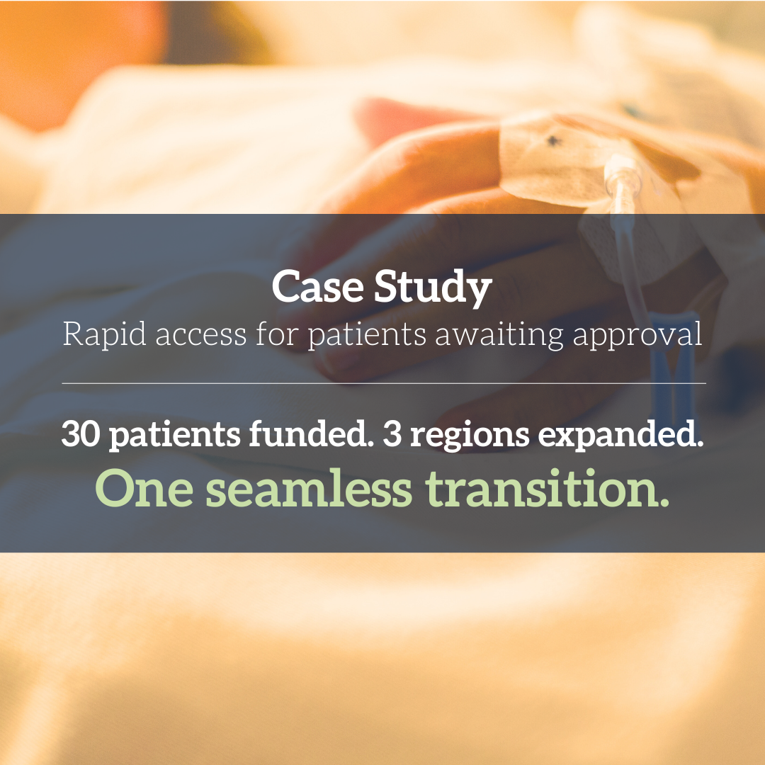 Close-up of a patient in a hospital bed with a breathing tube. Overlaid text describing a healthcare case study about rapid patient access and regional expansion.