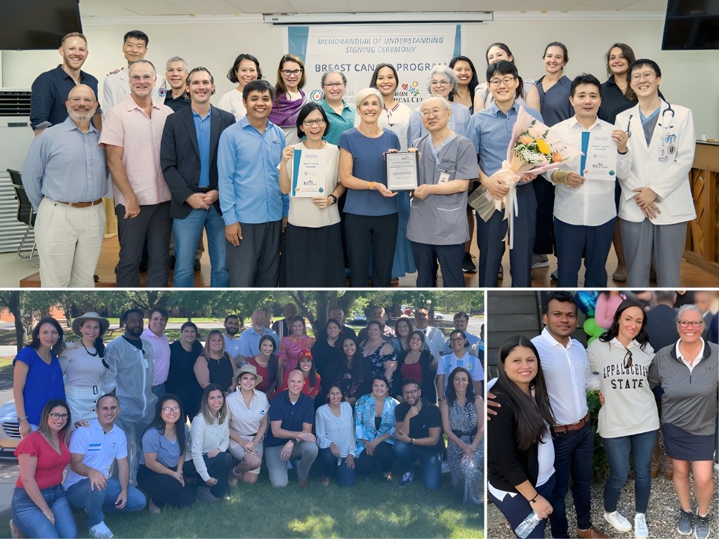 Group photos of people at a professional or community event, including healthcare professionals and a celebration, with awards and flowers.