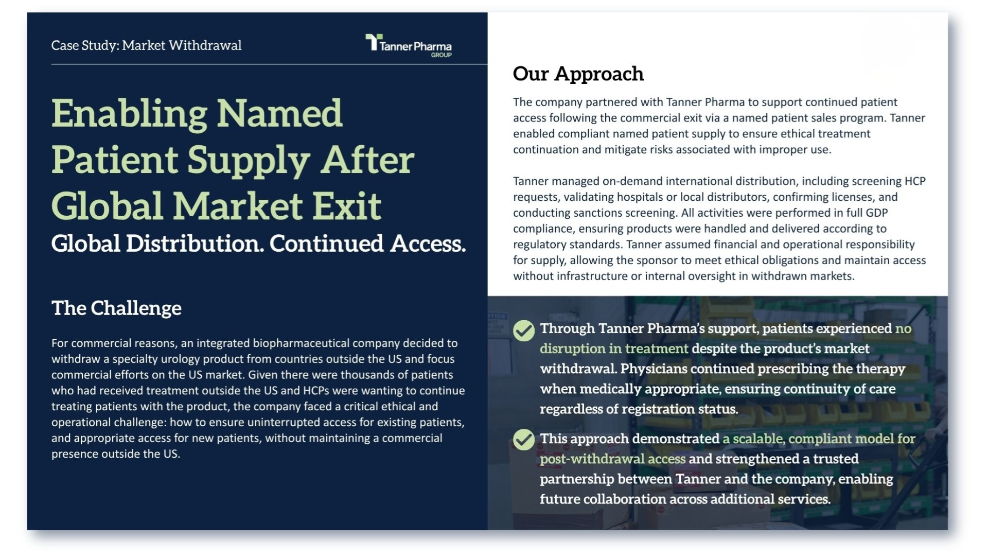 A presentation slide titled "Case Study: Market Withdrawal" showing information about Tanner Pharma's approach to global distribution and patient supply after market exit, with sections on the challenge, support provided, and outcomes.
