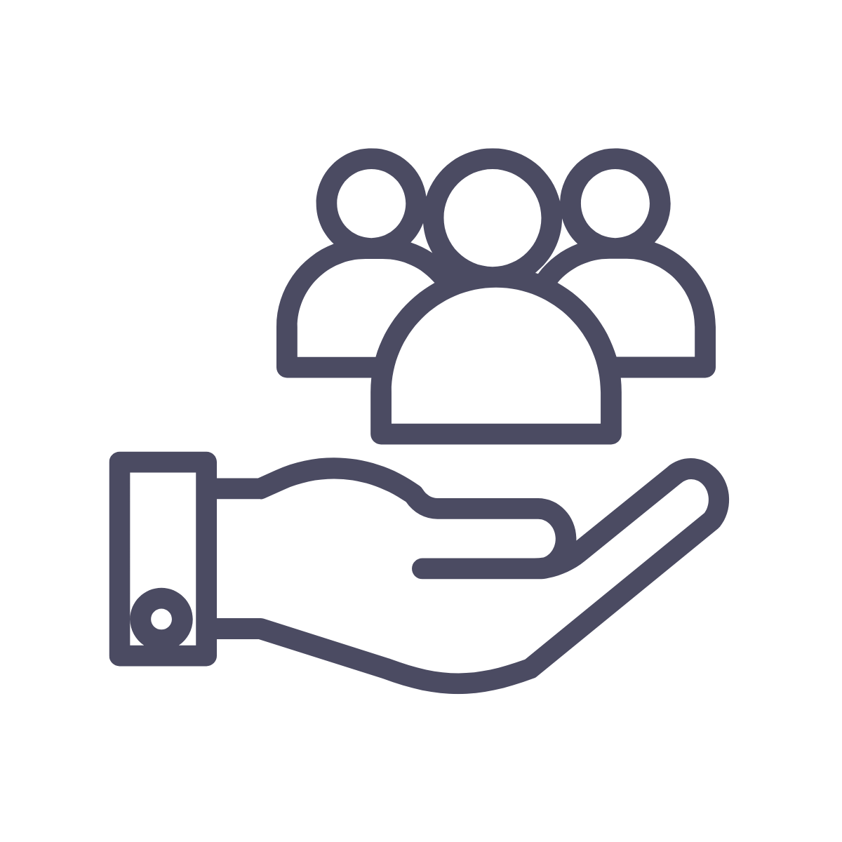 Outline of a hand holding a group of three people icons above it, symbolizing supporting or managing a group.