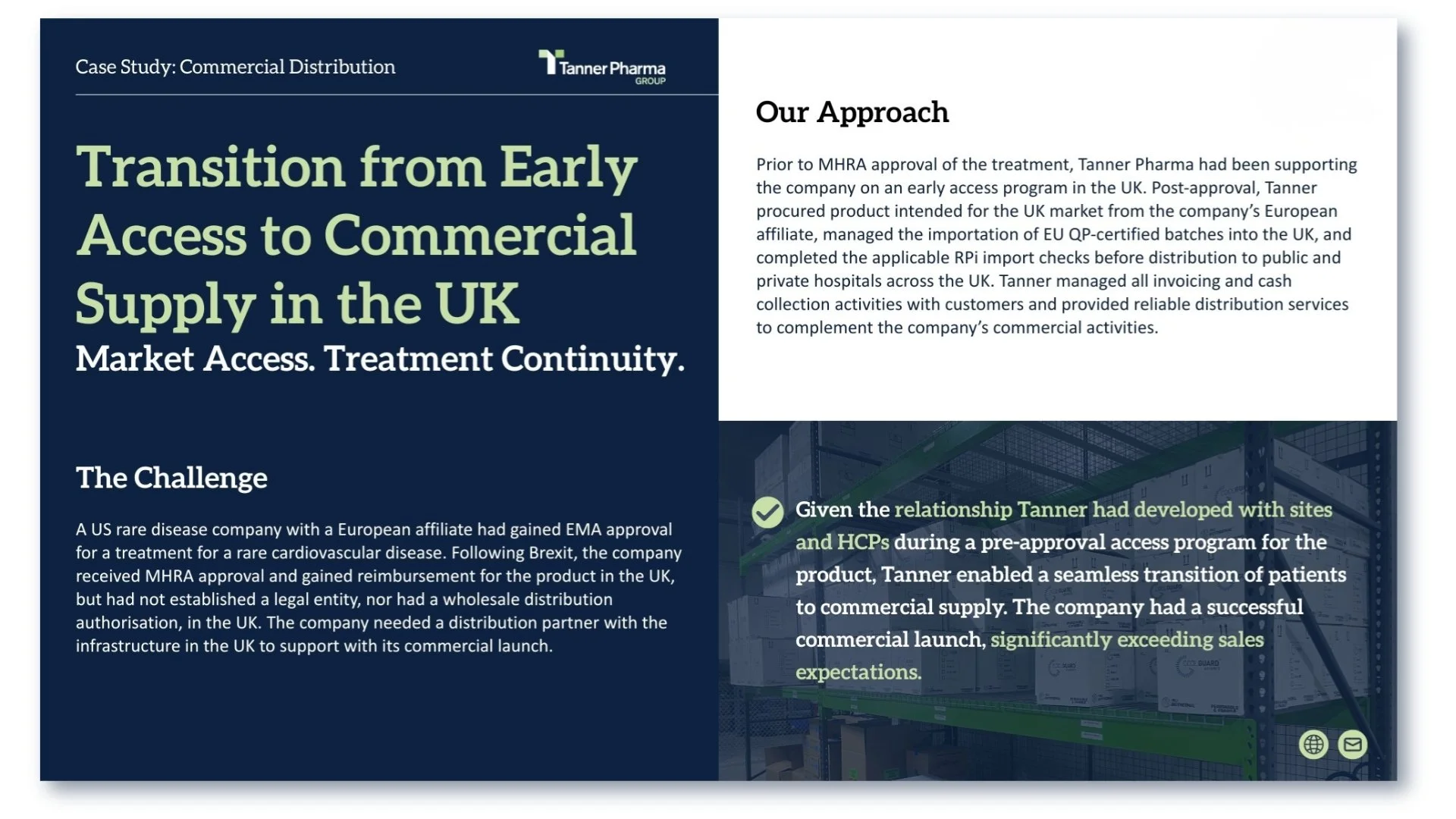A presentation slide from Tanner Pharma Group discussing a case study on transitioning from early access to commercial supply in the UK, featuring a blue and white color scheme, company logo, and text about market access challenges and strategy.