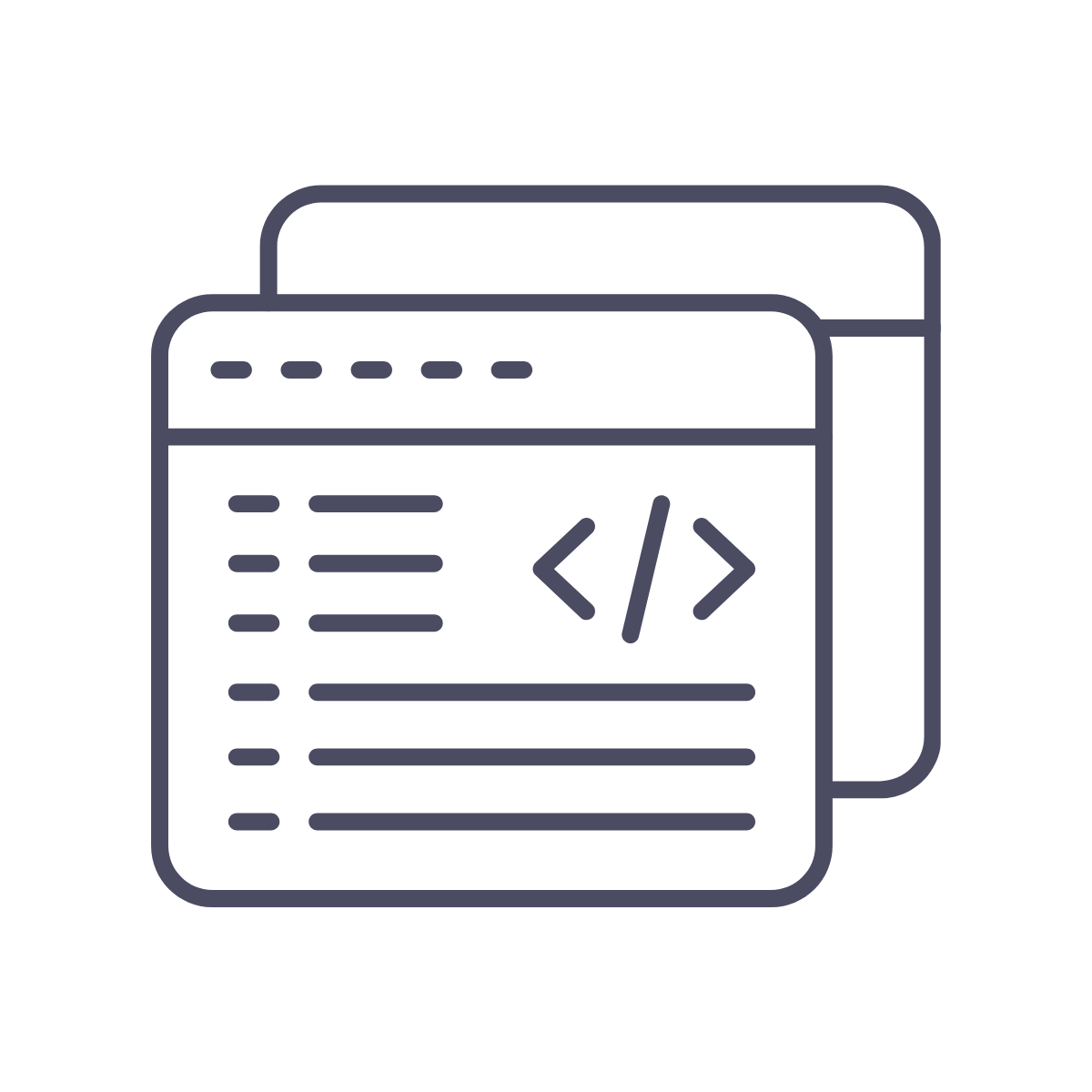 Line drawing of computer code with a code icon, on a webpage window.