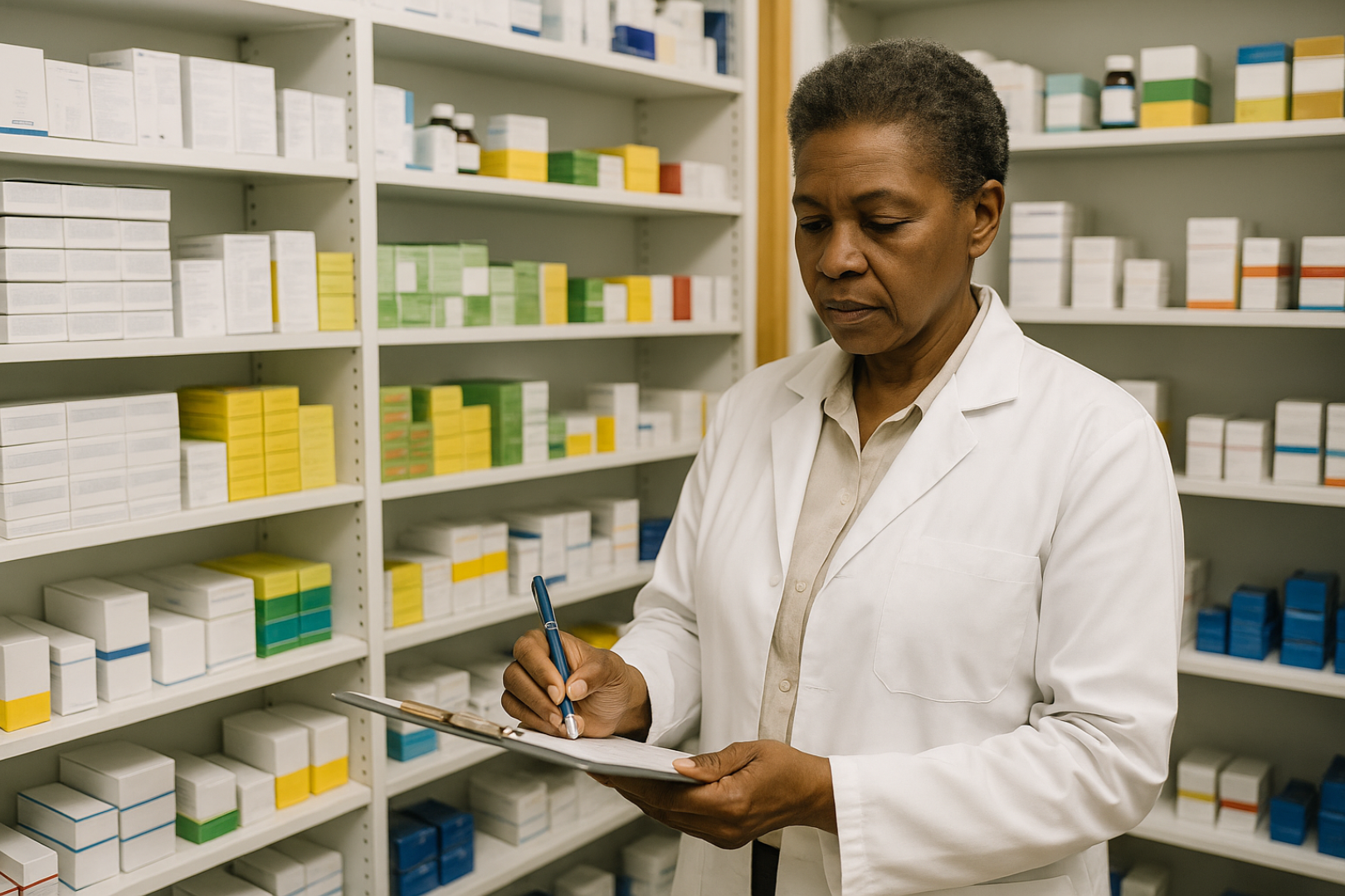 A pharmacist in a white coat writing on a clipboard in front of shelves packed with medicine boxes.