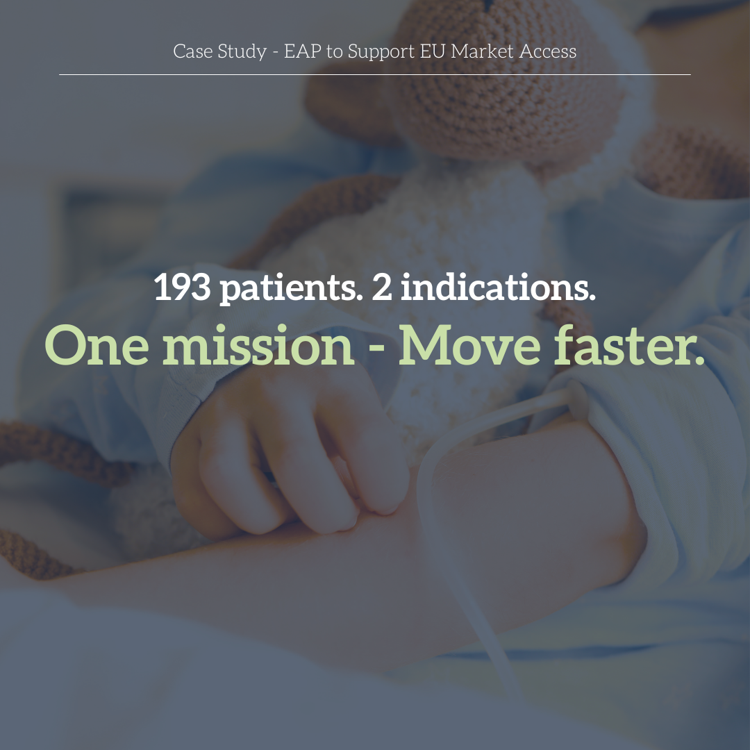 Close-up of a medical professional holding a patient's arm during a procedure, with text overlay about a case study supporting EU market access for a medical treatment, with statistics on patients and mission statement.