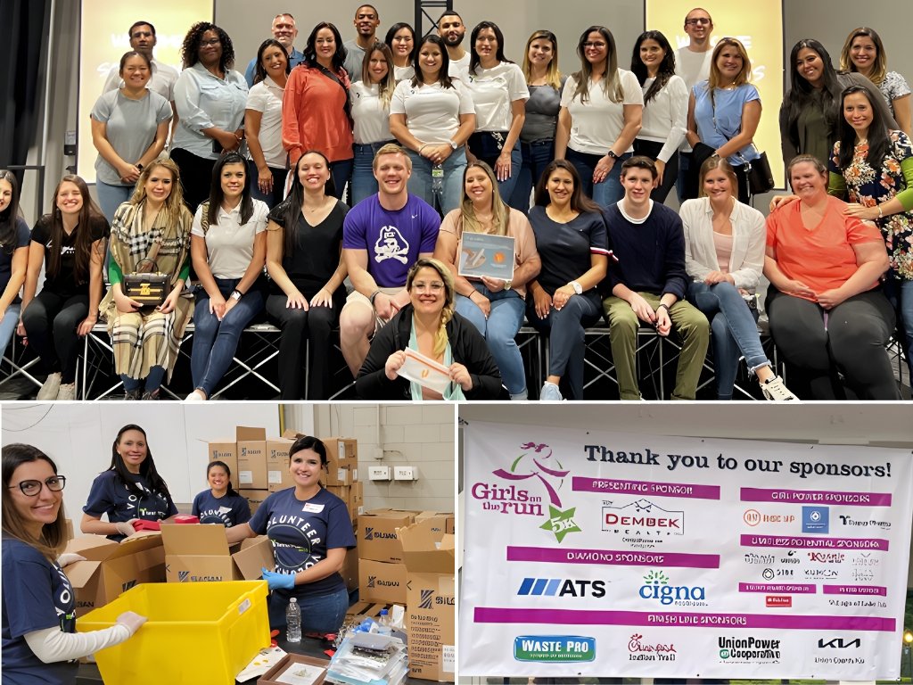 Group photo of people at a Girls on the Run event, with some holding awards and charity supplies. Inset shows volunteers packing boxes for donation, next to a sponsor sign with logos.