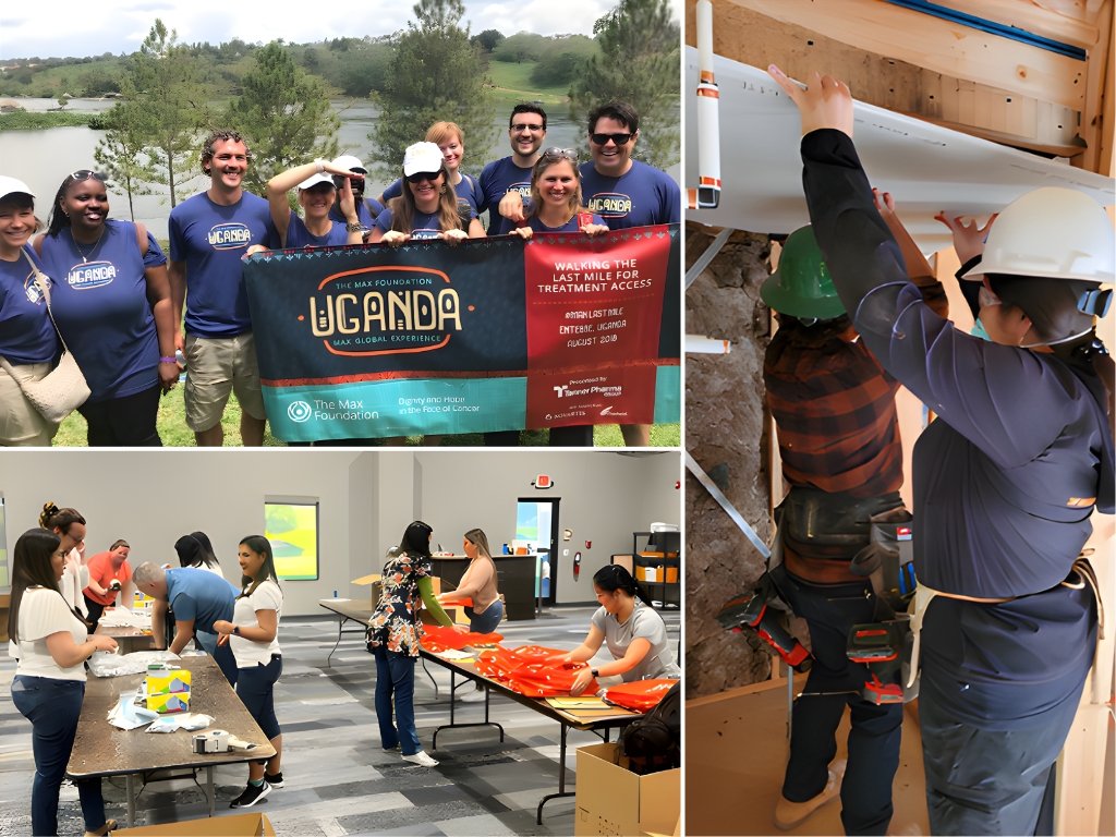 Group of diverse people outdoors near a lake holding a banner for Uganda Max Global Experience, some wearing matching blue shirts, with trees and water in the background; two workers in helmets and harnesses inspecting a pipe indoors; several women preparing supplies or equipment in a room with tables.