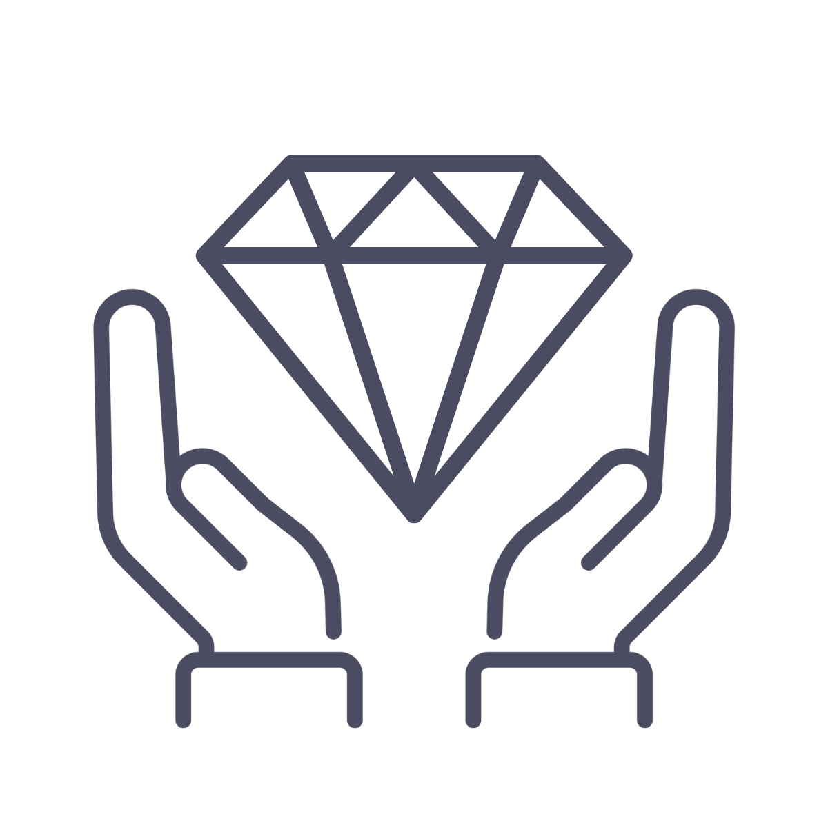 Outline drawing of two hands holding a diamond gemstone, symbolizing value or luxury.