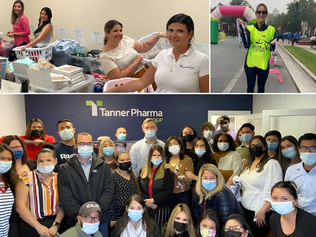 Three women at a table with clothing, books, and supplies, smiling; a woman in a high-visibility vest at an outdoor event with pink archway; group of diverse people wearing masks in an office with a 'Tanner Pharma' sign.