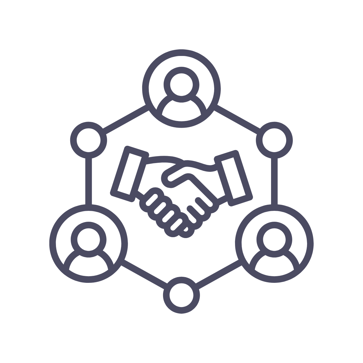 Icon of a handshake with a network of connected people around it, representing collaboration or partnership.