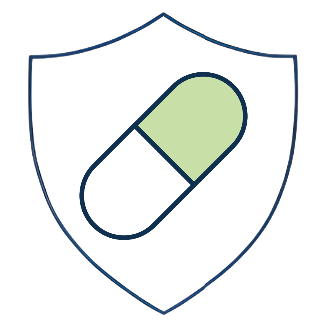 A medical shield emblem with a large capsule pill in the center, half white and half green, symbolizing healthcare or medicine.