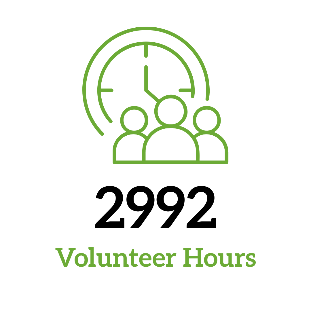 Green outline illustration of three people with a clock in the background and the text 'Volunteer Hours' underneath.