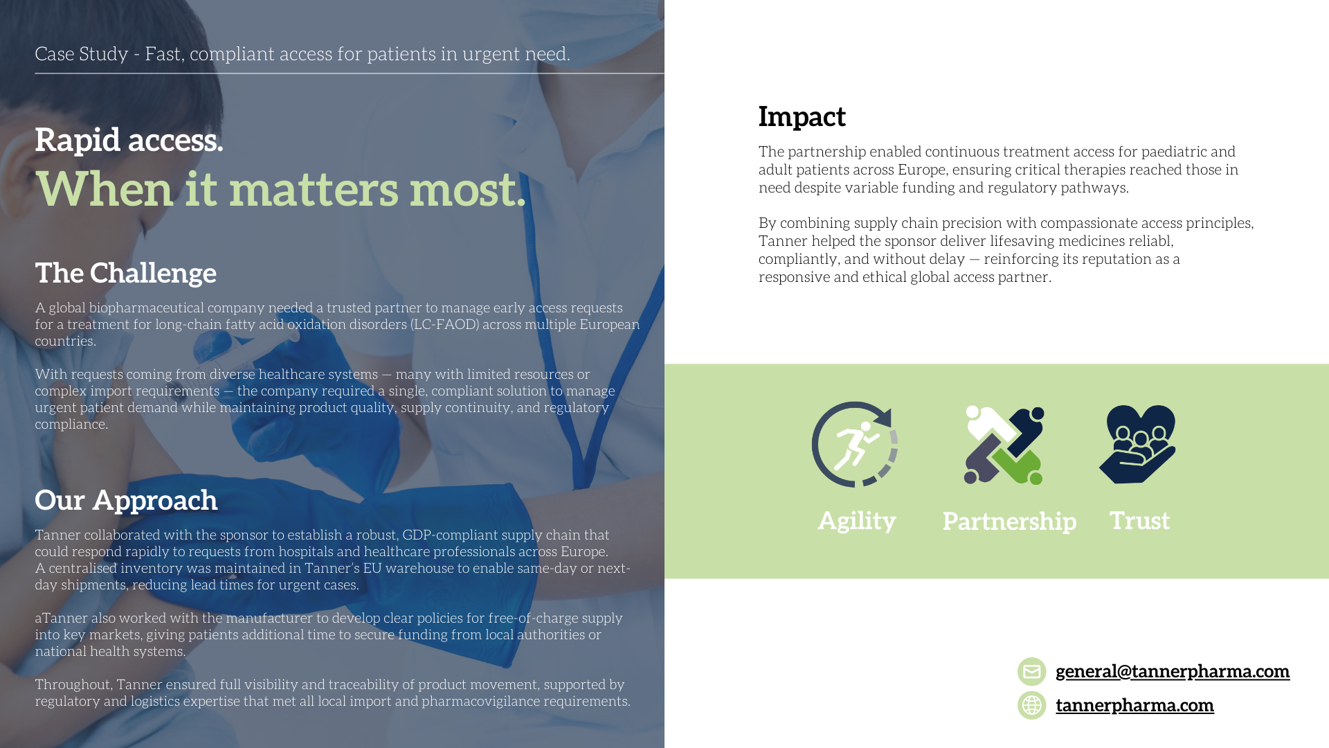 A healthcare infographic about rapid pharmaceutical access, featuring a doctor in a white coat with a stethoscope around their neck, and icons representing agility, partnership, and trust.