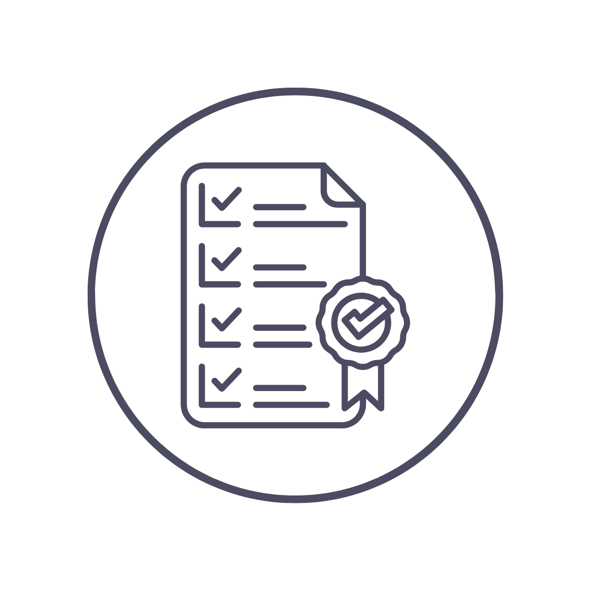 Icon of a checklist with a ribbon badge, representing certification or approval.