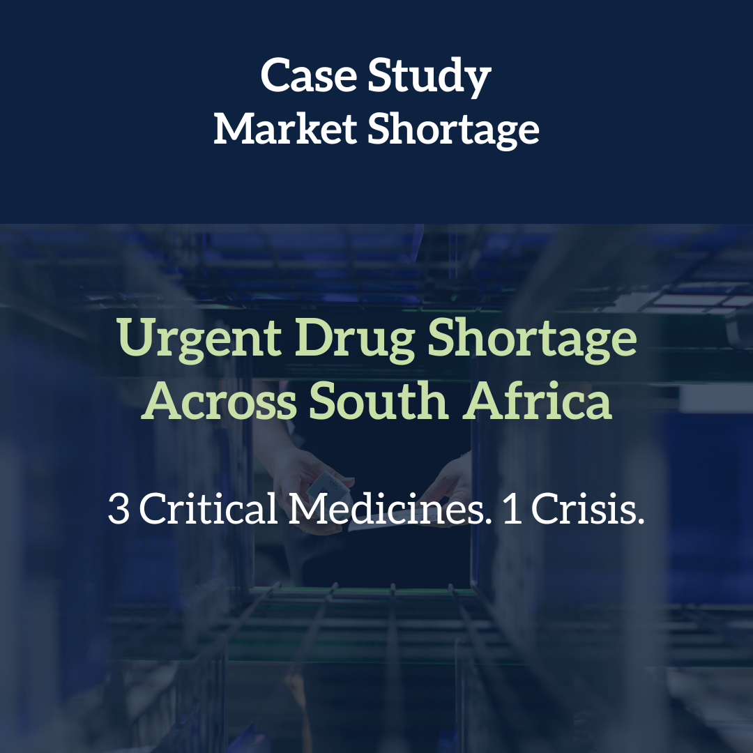 The cover of a report titled 'Case Study Market Shortage' with the subtitle 'Urgent Drug Shortage Across South Africa,' and the text '3 Critical Medines. 1 Crisis.' over a blurred image of a person reaching into a pharmacy or medical supply shelf.